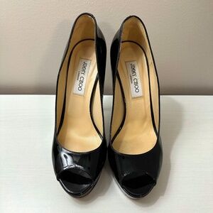 Jimmy Choo Black Patent Peep Toe Heels size 39